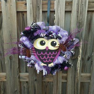 Halloween Deco Mesh Purple Owl Cute Spooky Wreath Handmade 18"
